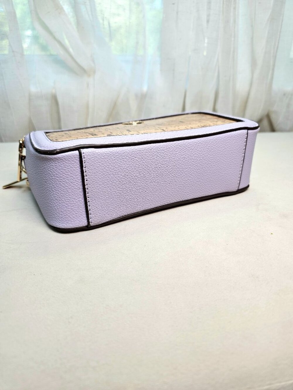 Anne Klein Lavender Cork Double Zip Camera Crossbody Bag Gold Chain Strap - Picture 15 of 15